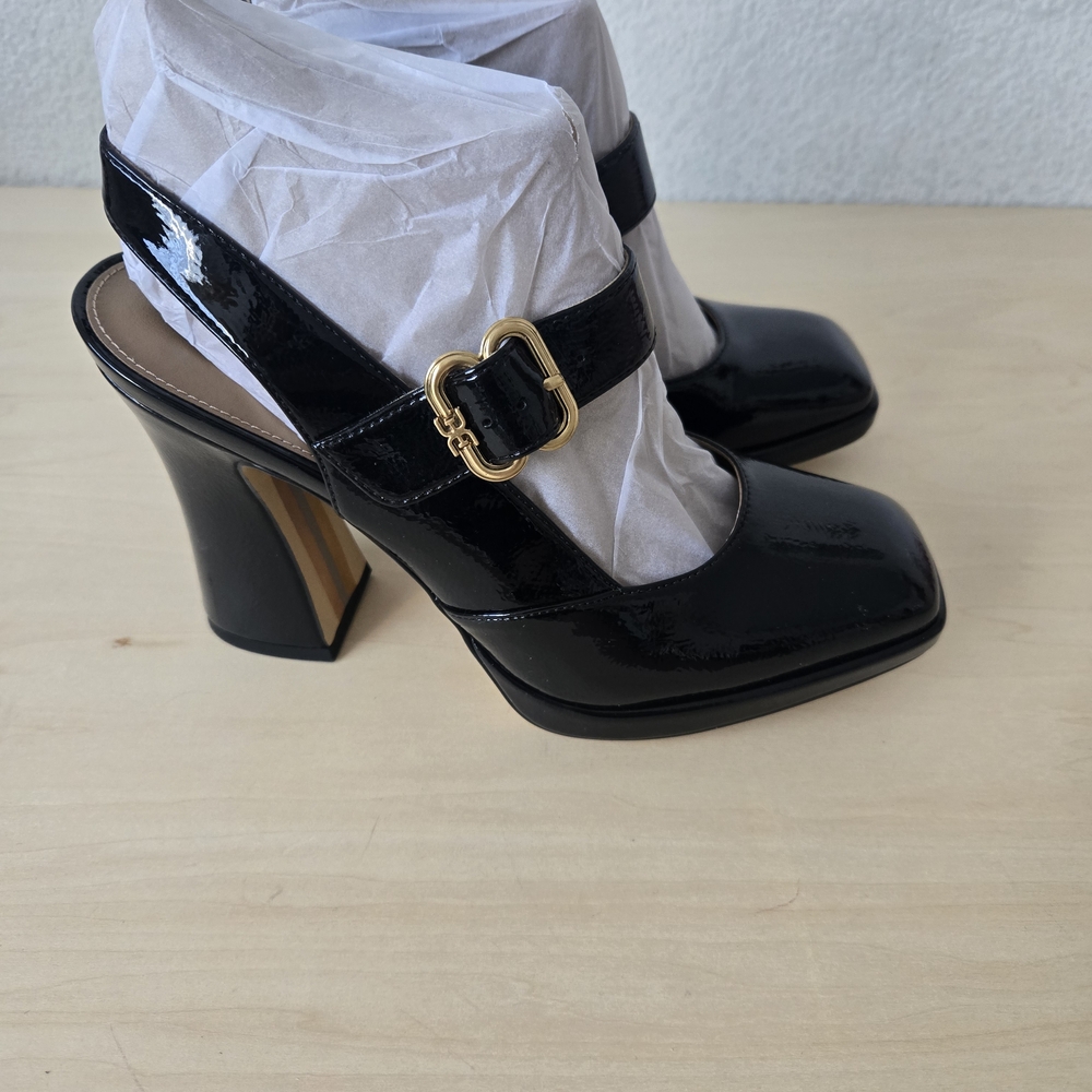 Sam Edelman Black Patent Mary Jane Slingback Heels with Gold Buckle Accent - Picture 2 of 5